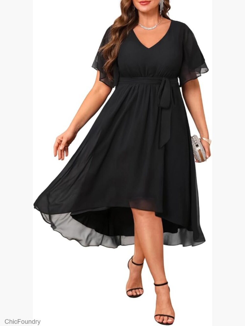 Plus Size Chiffon V-Neck Short Sleeve High Low Cocktail Dress